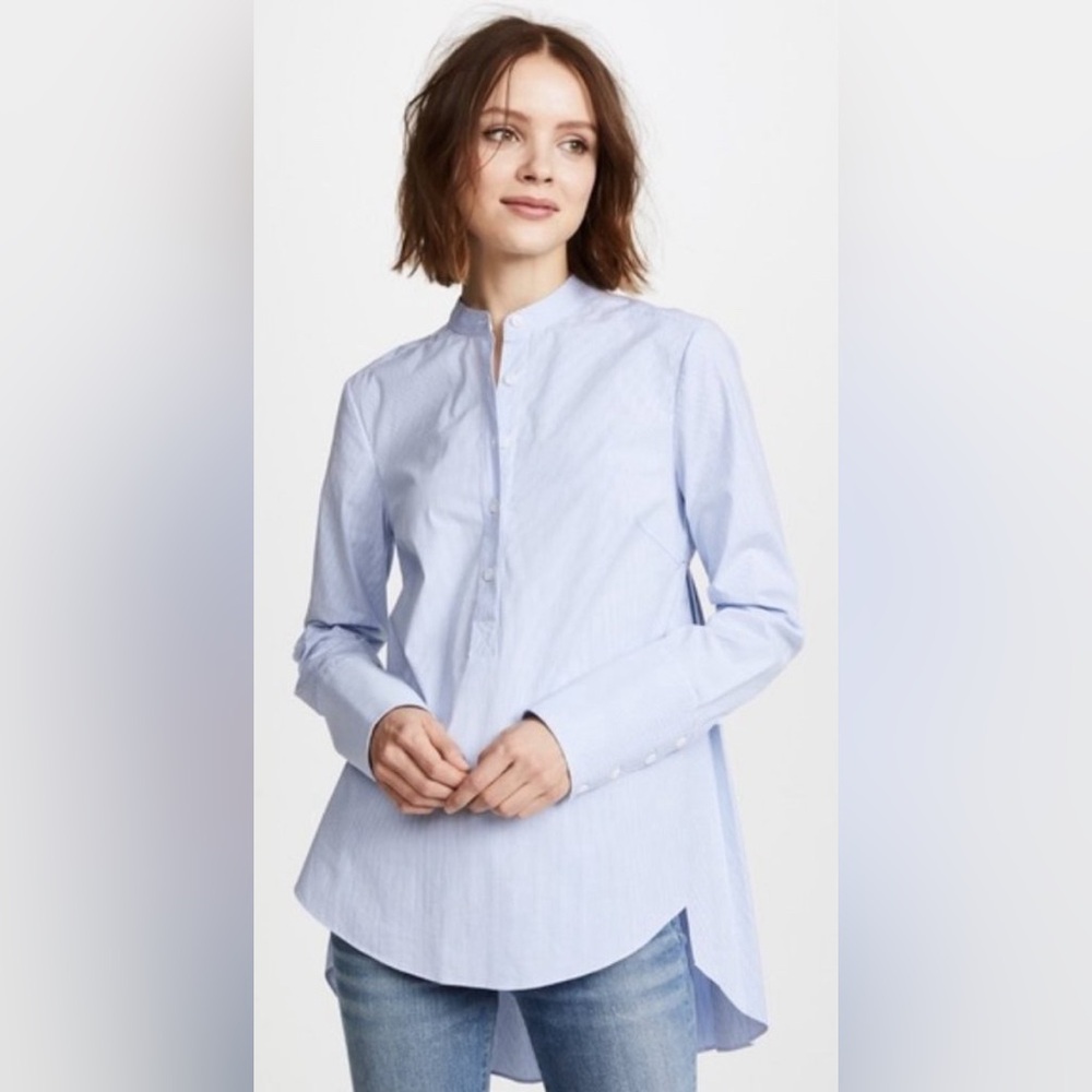 Veronica Beard Greer Pleated Back Stretch Cotton Shirt in Light Blue Striped 2